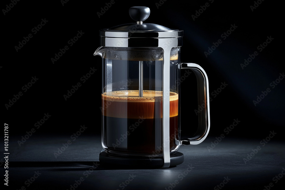 A sleek French press filled with brewed coffee, showcasing its rich, dark color and elegant design against a dark background. A sleek French press filled with brewed coffee, showcasing its rich, dark color and elegant design against a dark background.