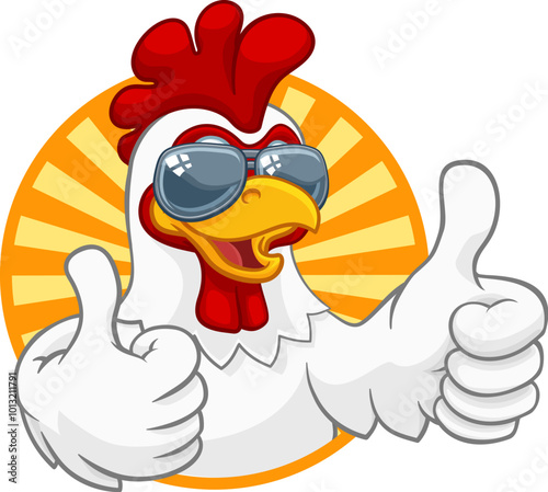 A chicken rooster cockerel bird cartoon character in cool shades or sunglasses giving a double thumbs up
