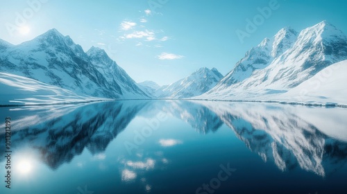 Majestic snow-covered mountains reflecting in tranquil blue lake under clear sky