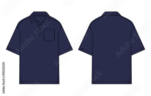 Short sleeve polo shirt technical drawing fashion flat sketch vector illustration navy color  template front and back views