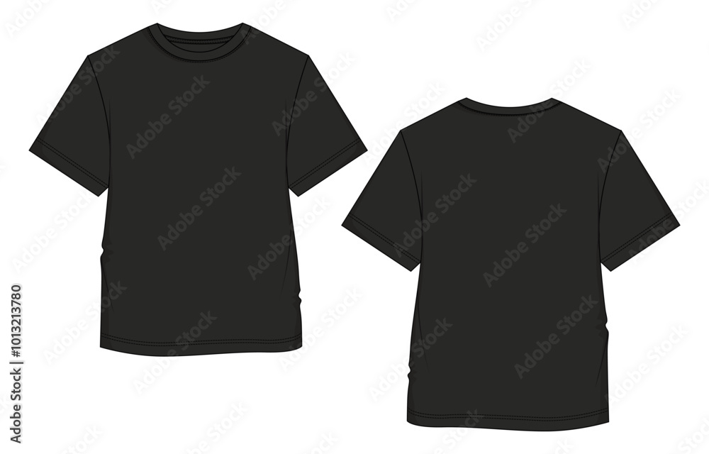 Naklejka premium Short sleeve T shirt Technical Fashion flat sketch vector illustration Black color template front and back views. Clothing design mock up for men's isolated on white background.