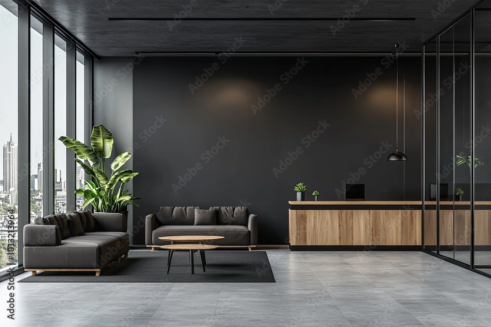 modern office interior design with an open space and a wooden desk, a ...