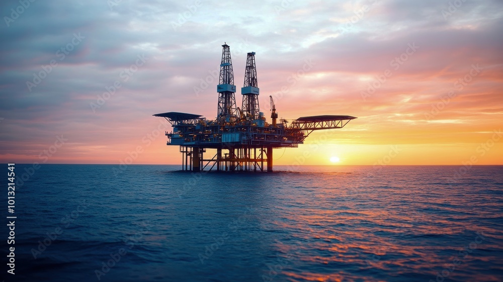 Offshore oil rig in ocean at sunrise, capturing energy extraction and industrial operations Offshore oil rig in ocean at sunrise, capturing energy extraction and industrial operations