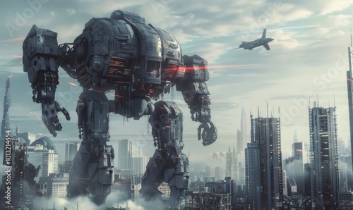 Giant robot defending a futuristic cityscape, 4K hyperrealistic photo.