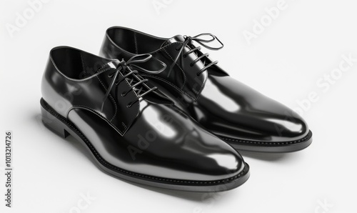 Pair of sleek black dress shoes, white background, 4K hyperrealistic photo