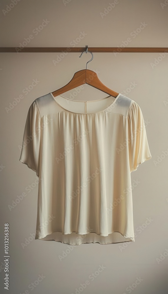 The minimalist display of a stylish blouse on a wooden coat hanger against a plain background, emphasizing clean lines and elegant simplicity in fashion design