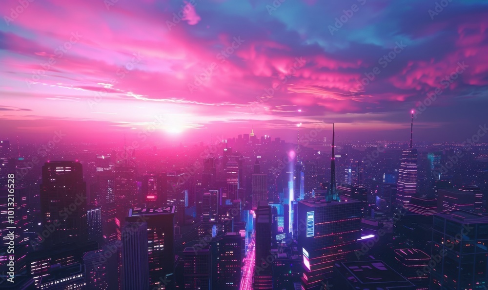Futuristic retro 80s city skyline at dusk with neon lights and holographic advertisements, 4K hyperrealistic photo Futuristic retro 80s city skyline at dusk with neon lights and holographic advertisements, 4K hyperrealistic photo