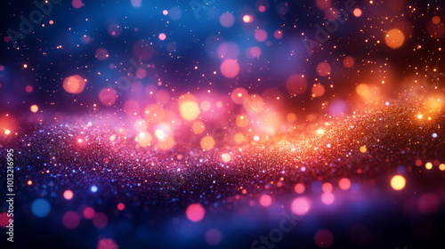 Dynamic blend of blue, pink, and orange particles in a vibrant abstract glow