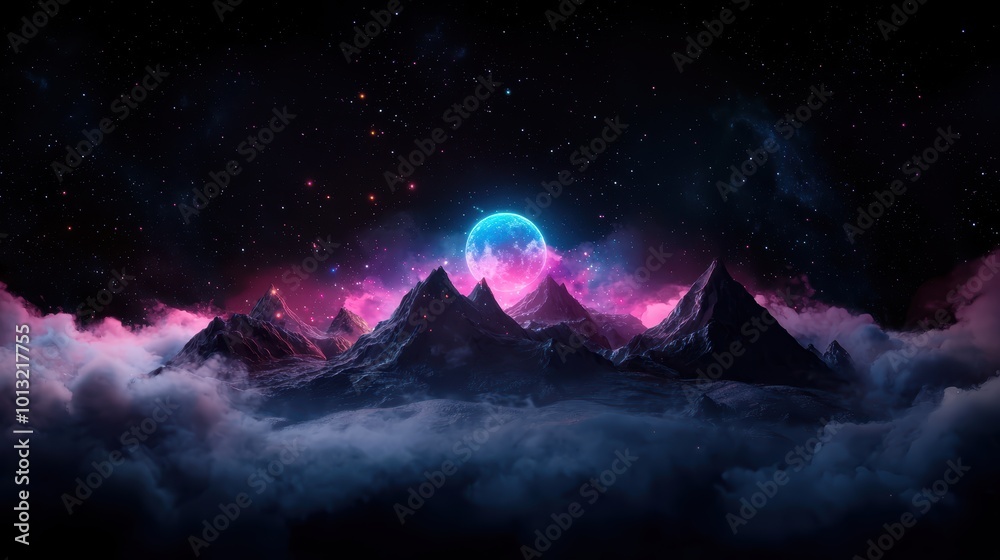 Abstract fantasy neon space landscape with fog-covered mountains glowing moon surrounded by colorful star nebulae and zodiac signs Abstract fantasy neon space landscape with fog-covered mountains glowing moon surrounded by colorful star nebulae and zodiac signs
