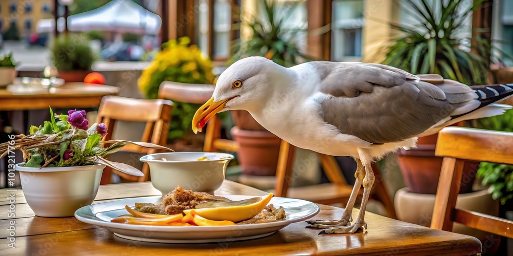 Obraz premium The seagull hovers near the restaurant, skillfully foraging for scraps as customers exit, demonstrating nature's
