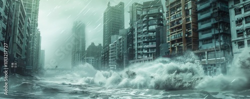 Typhoon rainbands lashing a coastal city, 4K hyperrealistic photo photo