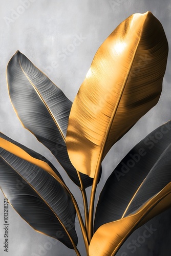 Close-Up of Banana Leaves with Gold Foil Accents on Gray Paper Background in Minimalist Style
