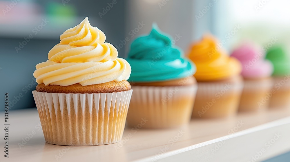 Colorful Cupcakes with Swirled Frosting on Display Colorful Cupcakes with Swirled Frosting on Display