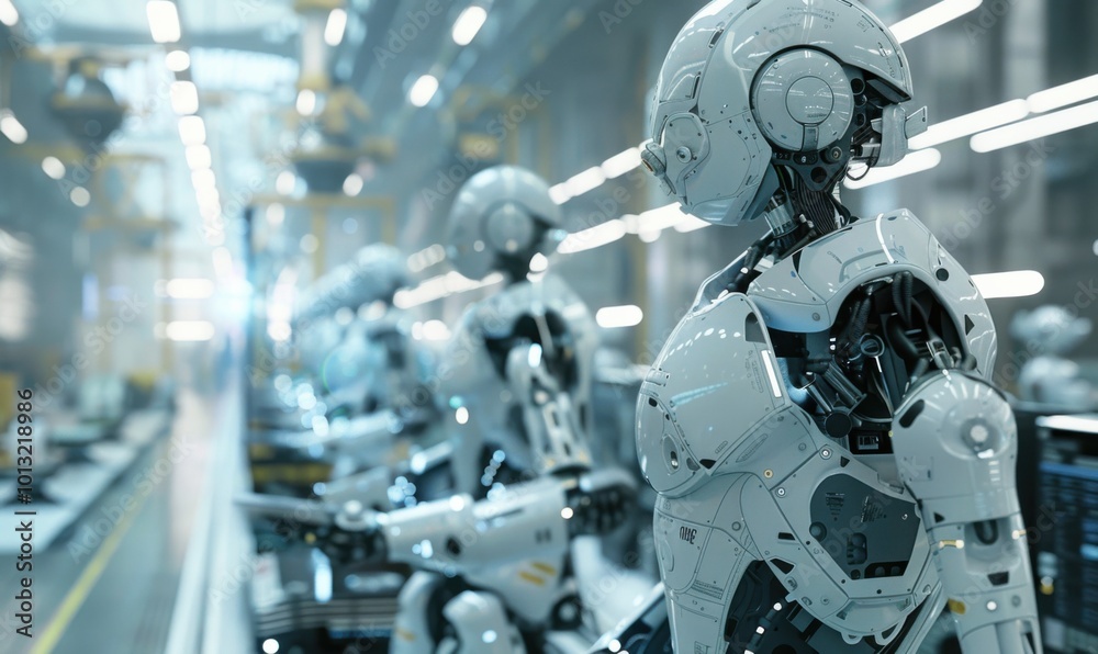 Futuristic robot assembly line, 4K hyperrealistic photo Futuristic robot assembly line, 4K hyperrealistic photo
