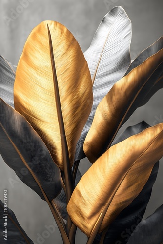 Close-Up of Banana Leaves with Gold Foil Accents on Gray Paper Background in Minimalist Style