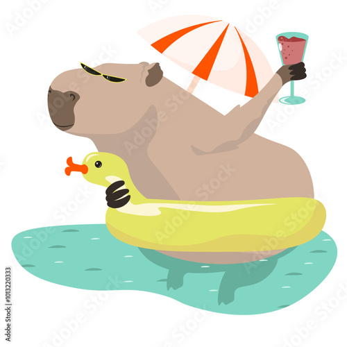 Cute capybara resting capybara in a lifebuoy with a glass