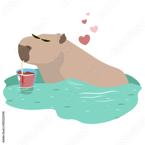 A cute capybara is relaxing in a puddle while drinking a cocktail