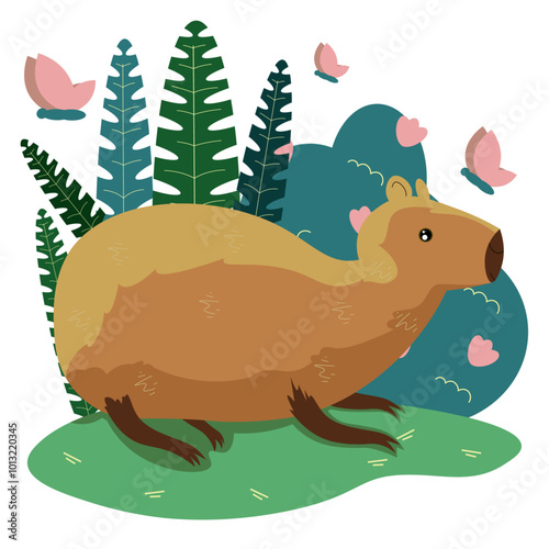 Cute capybara Funny capybara is a charming exotic animal lying on the grass among bushes and butterflies