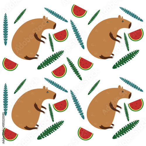 Cute capybara pattern Funny capybara charming exotic animal eating favorite grass