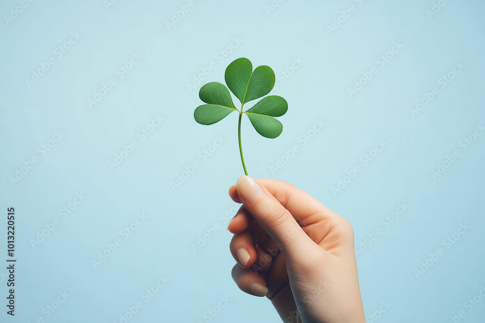 A hand holding a green leaf with four hearts on it