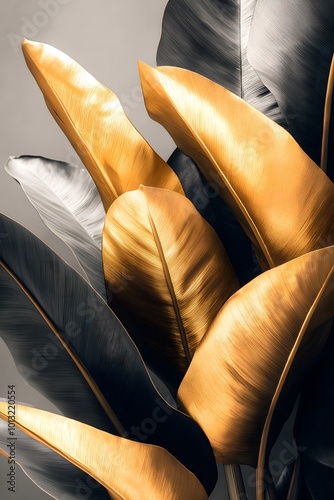 Close-Up of Banana Leaves with Gold Foil Accents on Gray Paper Background in Minimalist Style