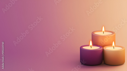 Purple, orange, and yellow candle is lit on a table