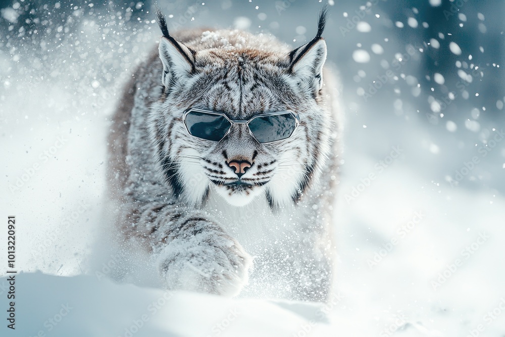 Sleek Lynx in Futuristic Sunglasses in Snow Sleek Lynx in Futuristic Sunglasses in Snow