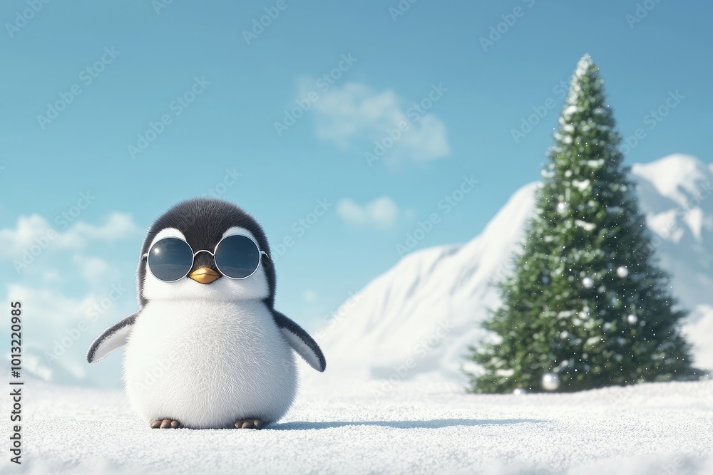 Fototapeta premium Trendy Penguin Chick in Sunglasses in Winter Scene