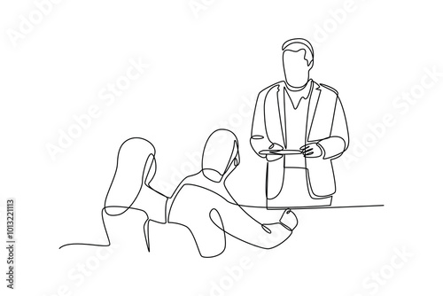 simple continuous line drawing of an employee is presenting a new project obtained by his company. Conference minimalist concept. Business minimalist concept. Simple line, vector.