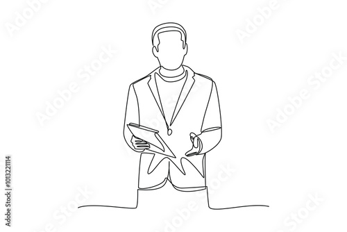 simple continuous line drawing of young business man presentation in front of conference. Conference minimalist concept. Business minimalist concept. Simple line, vector.