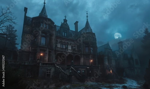 Sinister manor veiled in eternal twilight, 4K hyperrealistic photo photo