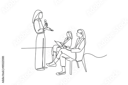simple continuous line drawing of young business woman presentation in front his friend. Conference minimalist concept. Business minimalist concept. Simple line, vector.
