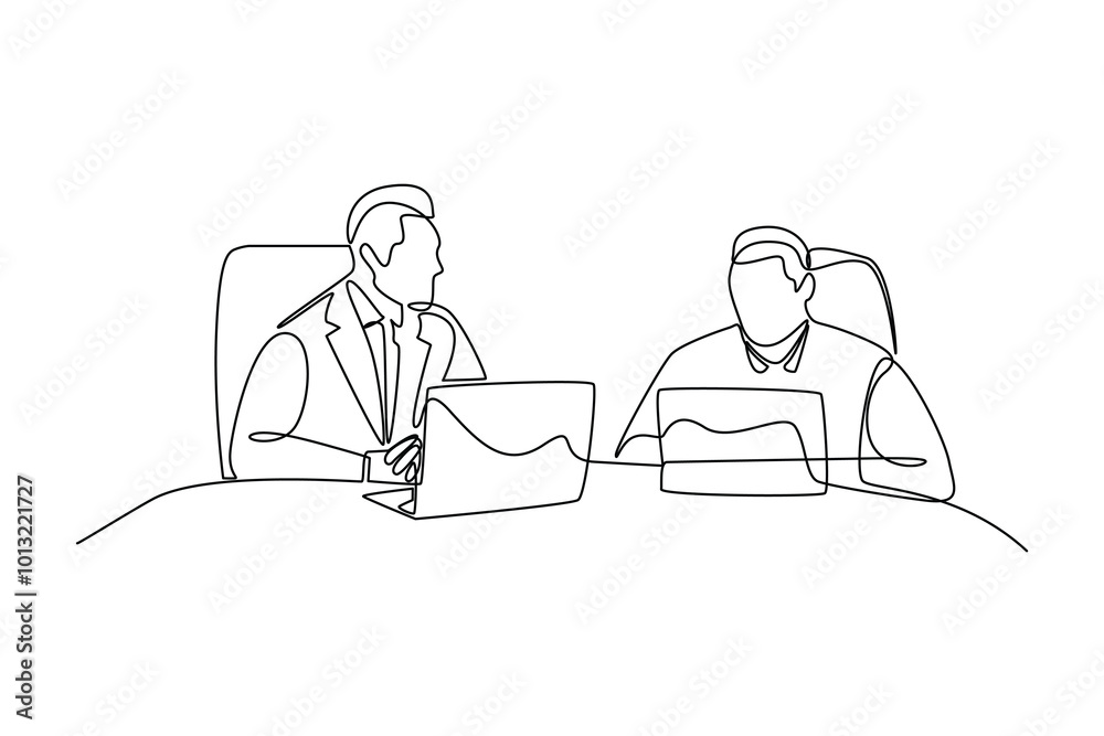 simple continuous line drawing of two business man discussion at conference. Conference minimalist concept. Business minimalist concept. Simple line, vector. simple continuous line drawing of two business man discussion at conference. Conference minimalist concept. Business minimalist concept. Simple line, vector.