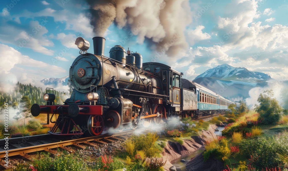 Obraz premium Vintage steam locomotive chugging through countryside, 4K hyperrealistic photo