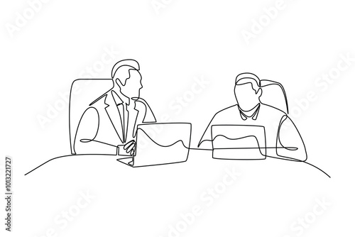 simple continuous line drawing of two business man discussion at conference. Conference minimalist concept. Business minimalist concept. Simple line, vector.