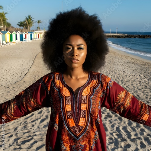 Summer beach photography of a beautiful African American female fashion model wearing African attire and confidently posing photo