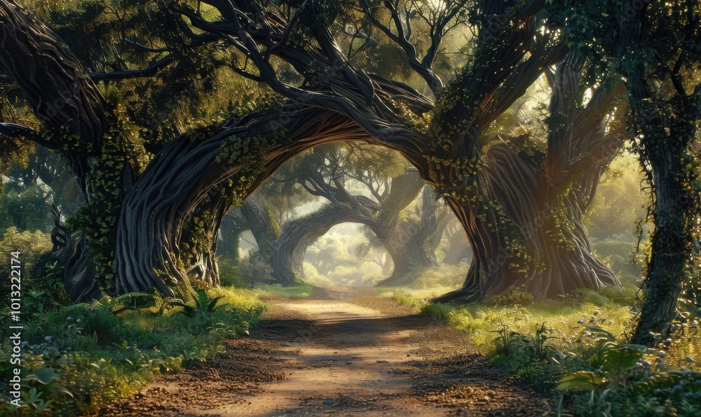Obraz premium Enigmatic Tree Archway: Path to Mystical Realms, 4K hyperrealistic photo