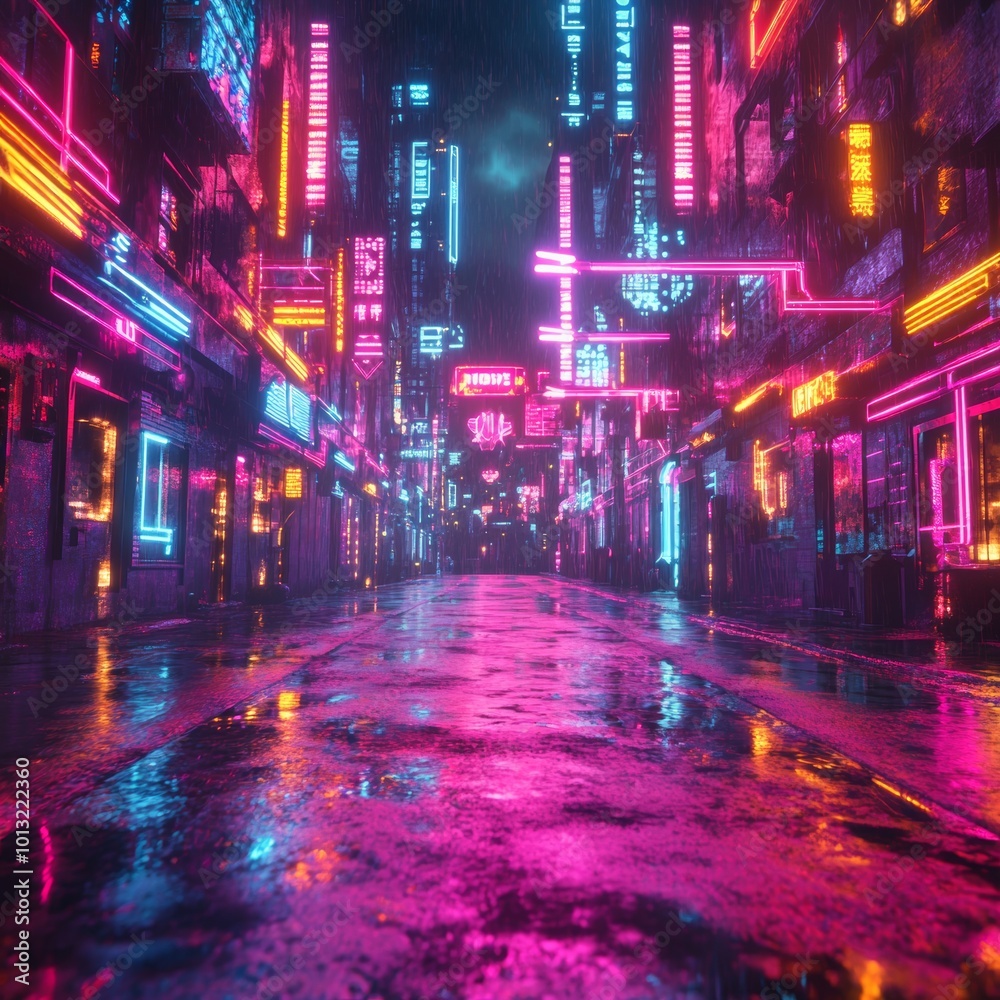 Cyberpunk City Street with Neon Lights and Rain Cyberpunk City Street with Neon Lights and Rain