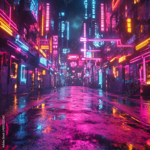 Cyberpunk City Street with Neon Lights and Rain