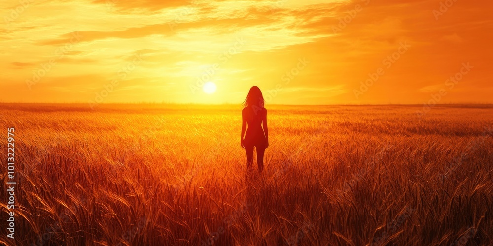 Fototapeta premium Woman in wheat field at sunset