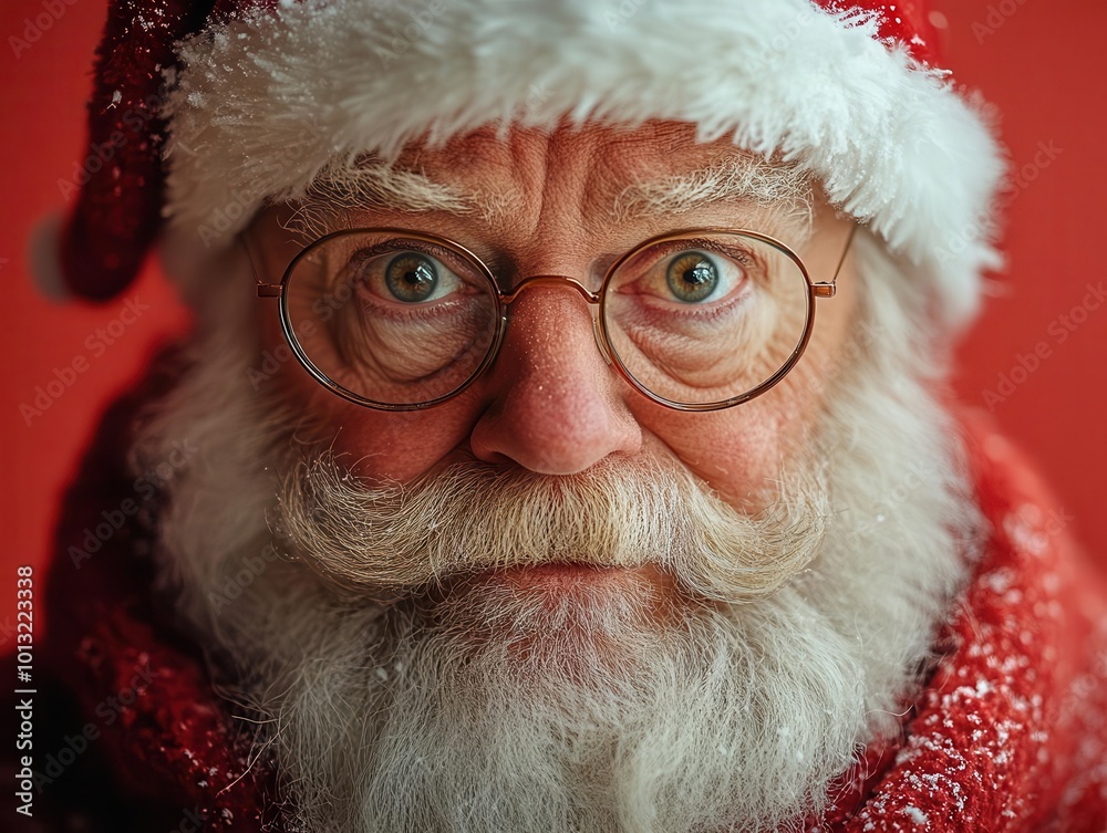 a startled santa claus with wide eyes and an exaggerated expression stands against a vibrant red backdrop leaving space for festive copy embodying a humorous and whimsical holiday spirit a startled santa claus with wide eyes and an exaggerated expression stands against a vibrant red backdrop leaving space for festive copy embodying a humorous and whimsical holiday spirit