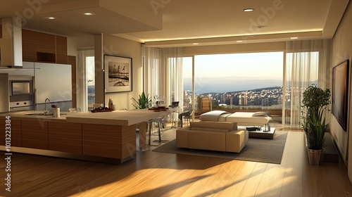 Modern Living Room with Scenic City View at Sunset