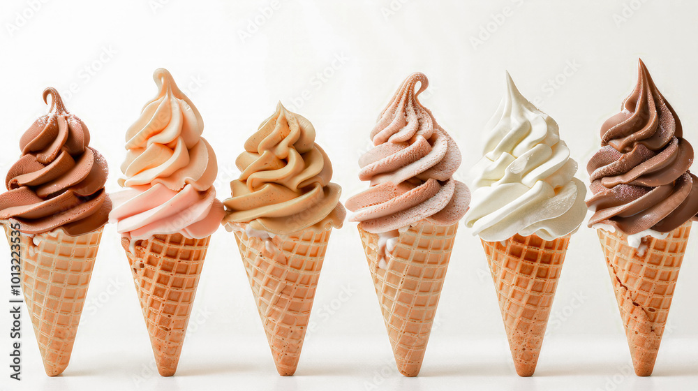 Set of soft chocolate, vanilla and strawberry and assorted ice cream in a waffle cone on a white background Set of soft chocolate, vanilla and strawberry and assorted ice cream in a waffle cone on a white background