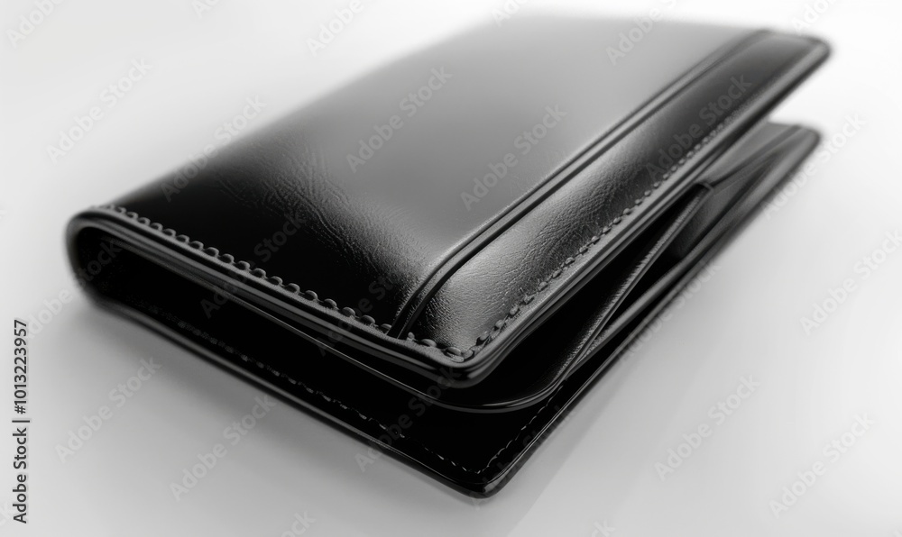 Shiny black leather wallet, white background, 4K hyperrealistic photo Shiny black leather wallet, white background, 4K hyperrealistic photo