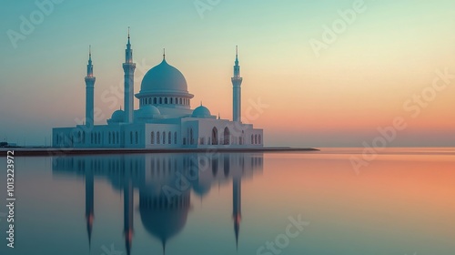 Stunning mosque reflecting in calm water during tranquil sunrise, serene spiritual scene photo