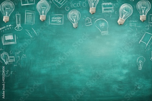 Green Chalkboard with Lightbulbs and Doodles - A Conceptual Representation of Ideas and Inspiration.