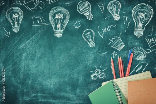 Chalkboard with Lightbulb Drawings and Pencils for Inspiration and Learning.