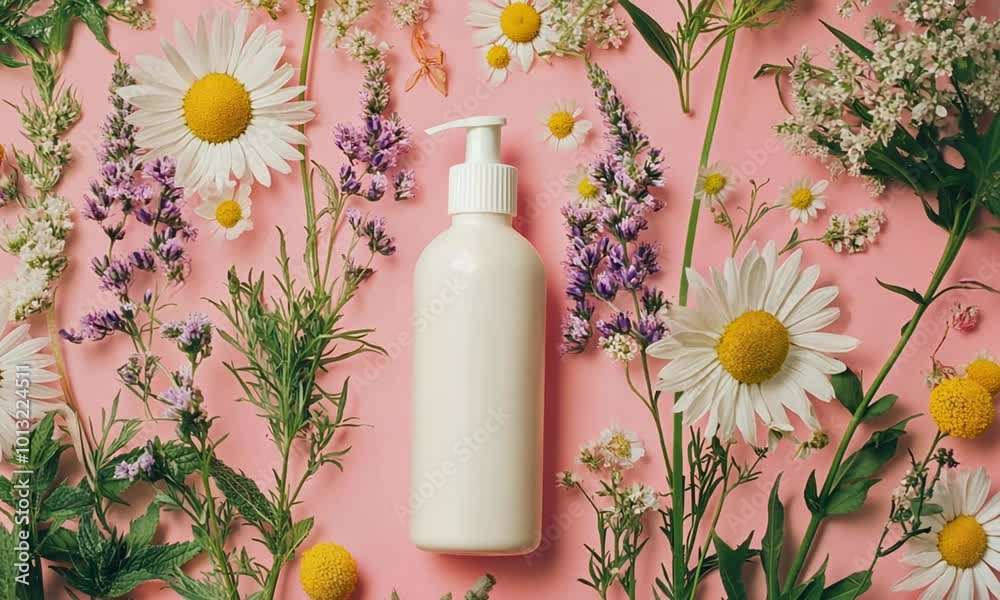 A white pump bottle surrounded by various flowers and greenery on a pink background. A white pump bottle surrounded by various flowers and greenery on a pink background.