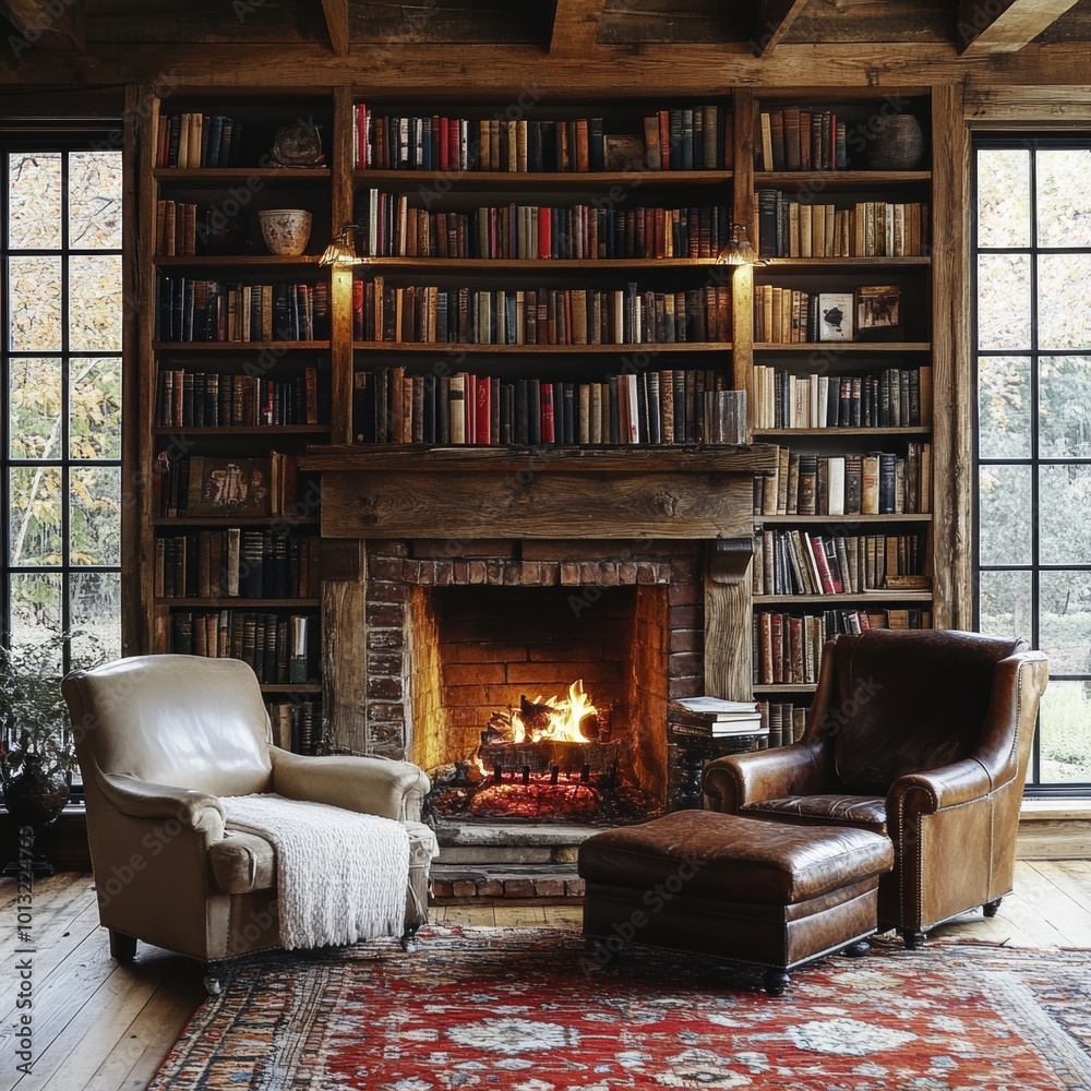 Cozy Fireplace Reading Room With Leather Armchairs and Bookshelves Cozy Fireplace Reading Room With Leather Armchairs and Bookshelves