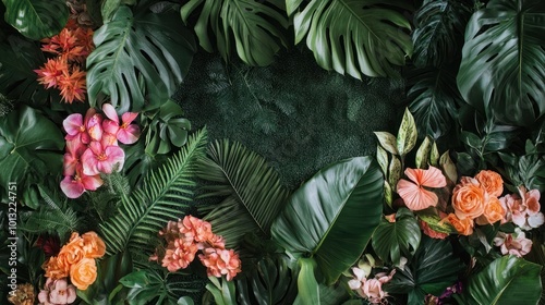 Vibrant Tropical Floral Arrangement: A Lush Paradise of Pink and Orange Blooms Surrounded by Lush Greenery.